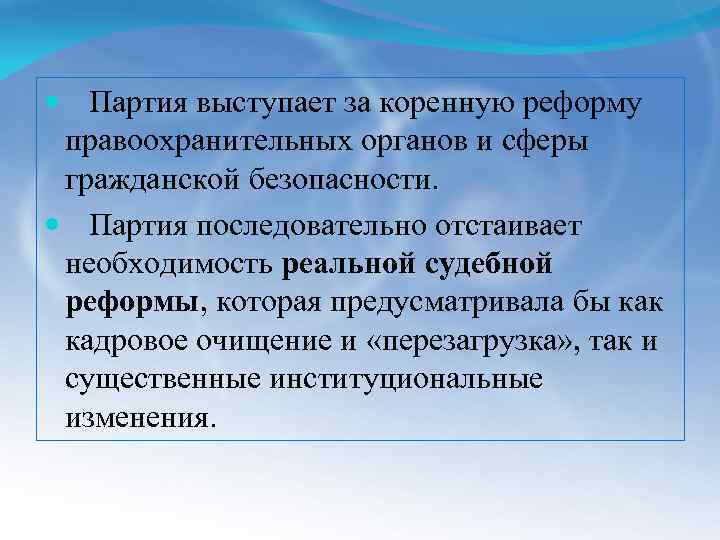  Партия выступает за коренную реформу правоохранительных органов и сферы гражданской безопасности. Партия последовательно