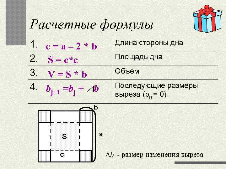Расчетные формулы 1. 2. 3. 4. Длина стороны дна с = а – 2