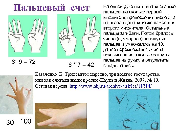 Пальцевый счет 8* 9 = 72 6 * 7 = 42 На одной руке