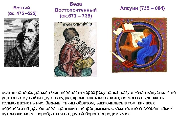 Боэций (ок. 475 – 525) Беда Достопочтенный (ок. 673 – 735) Алкуин (735 –