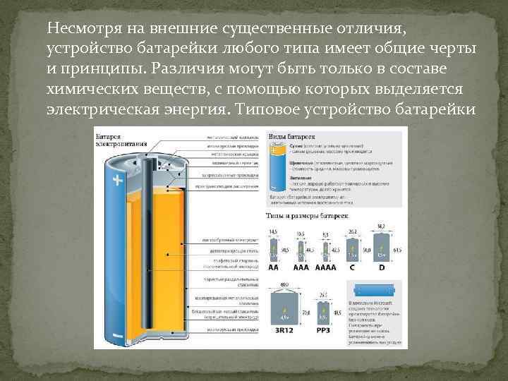  Несмотря на внешние существенные отличия, устройство батарейки любого типа имеет общие черты и