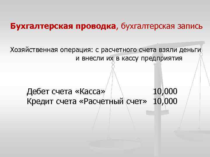 Бухгалтерская проводка, бухгалтерская запись Хозяйственная операция: с расчетного счета взяли деньги и внесли их