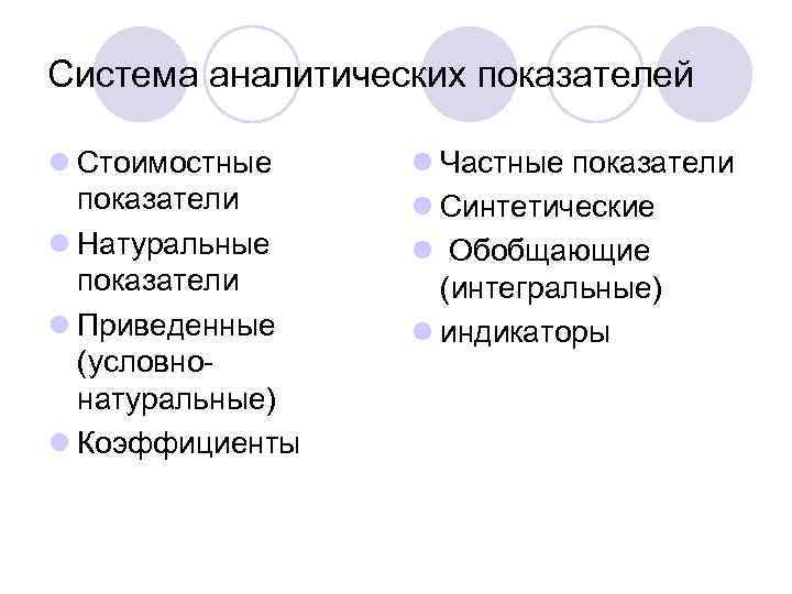 Система аналитических показателей l Стоимостные показатели l Натуральные показатели l Приведенные (условнонатуральные) l Коэффициенты