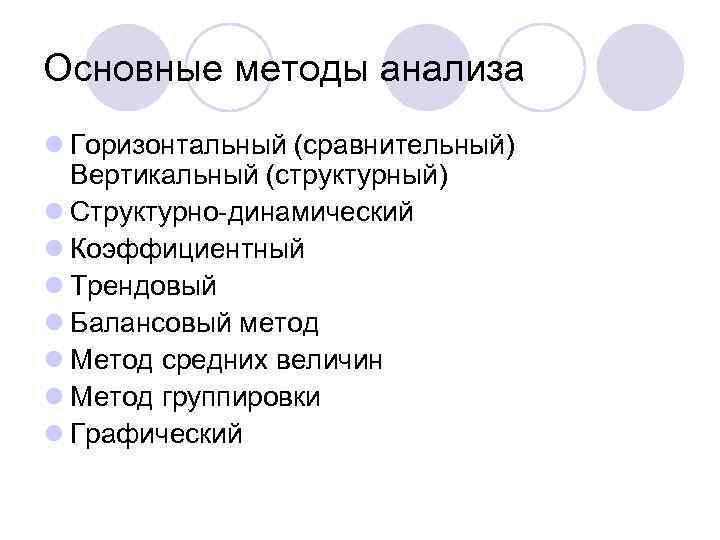 Основные методы анализа l Горизонтальный (сравнительный) Вертикальный (структурный) l Структурно-динамический l Коэффициентный l Трендовый