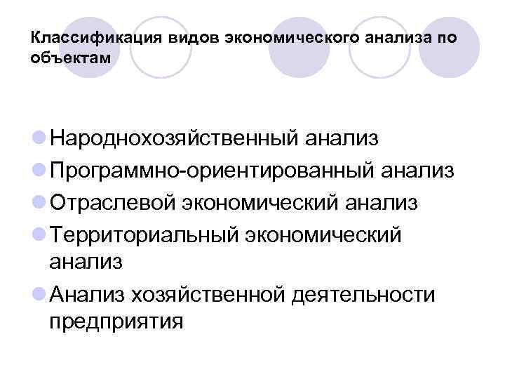 Классификация видов экономического анализа по объектам l Народнохозяйственный анализ l Программно-ориентированный анализ l Отраслевой