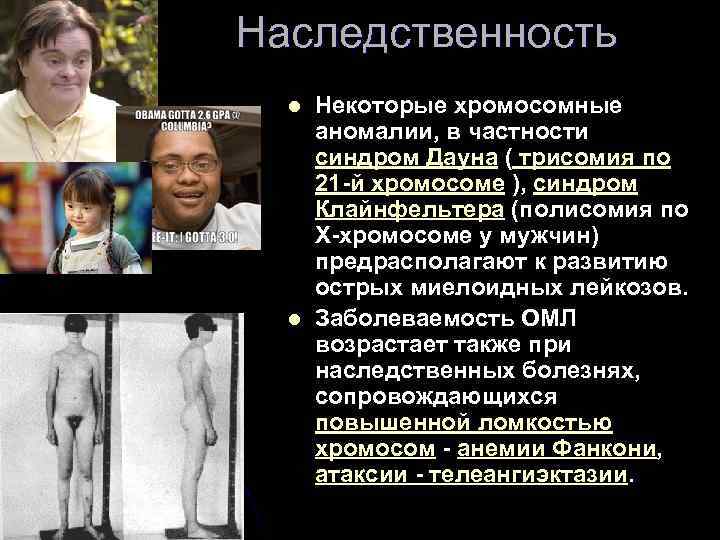 Наследственность l l Некоторые хромосомные аномалии, в частности синдром Дауна ( трисомия по 21