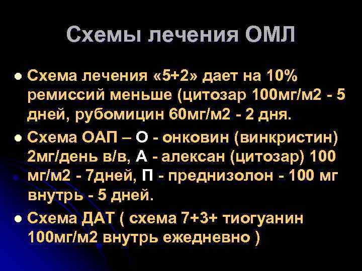 Схемы лечения ОМЛ Схема лечения « 5+2» дает на 10% ремиссий меньше (цитозар 100