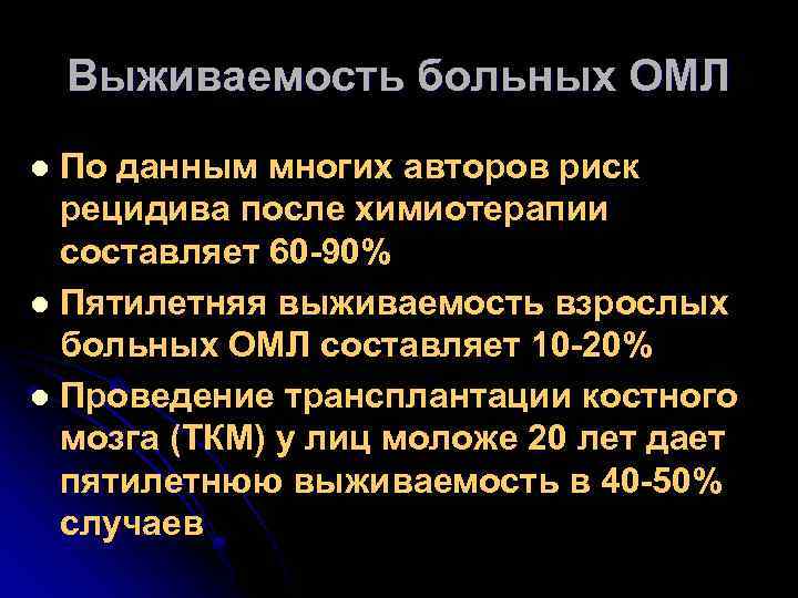 Выживаемость больных ОМЛ По данным многих авторов риск рецидива после химиотерапии составляет 60 -90%