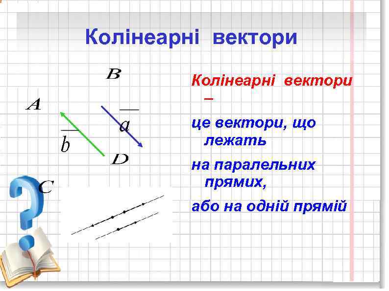 Колінеарні вектори – це вектори, що лежать на паралельних прямих, або на одній прямій