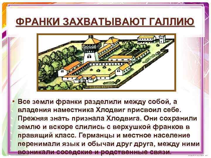 ФРАНКИ ЗАХВАТЫВАЮТ ГАЛЛИЮ • Все земли франки разделили между собой, а владения наместника Хлодвиг