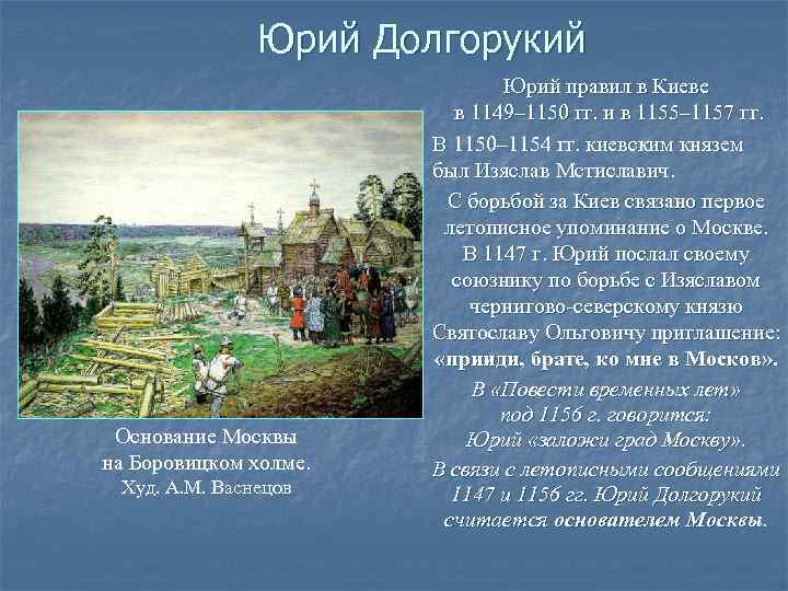 Юрий Долгорукий Основание Москвы на Боровицком холме. Худ. А. М. Васнецов Юрий правил в