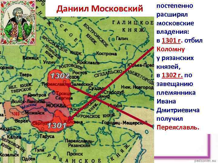 Даниил Московский постепенно расширял московские владения: в 1301 г. отбил Коломну у рязанских князей,