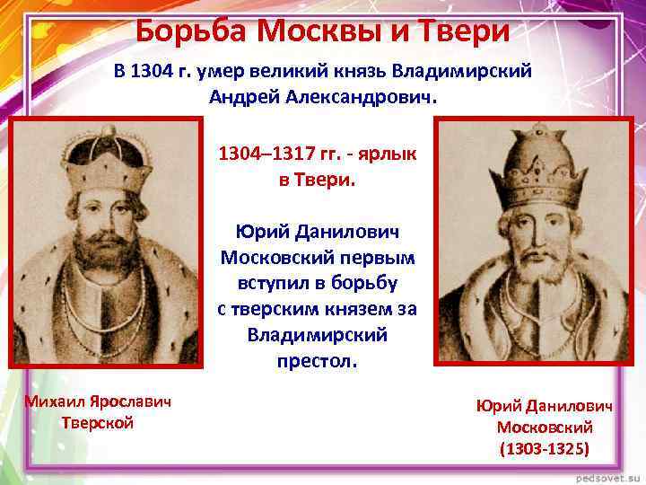 Борьба Москвы и Твери В 1304 г. умер великий князь Владимирский Андрей Александрович. 1304–