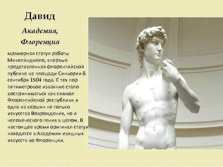 Давид Академия, Флоренция мраморная статуя работы Микеланджело, впервые представленная флорентийской публике на площади Синьории