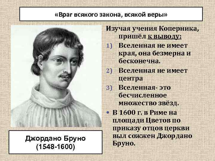  «Враг всякого закона, всякой веры» Джордано Бруно (1548 -1600) Изучая учения Коперника, пришёл