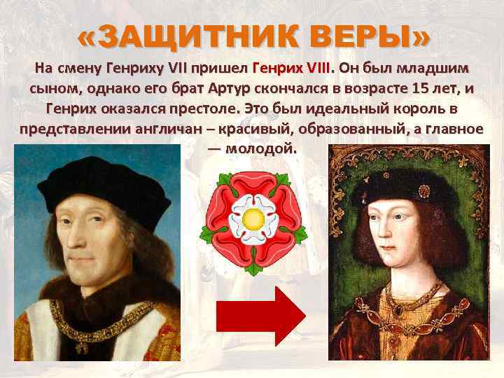  «ЗАЩИТНИК ВЕРЫ» На смену Генриху VII пришел Генрих VIII. Он был младшим сыном,