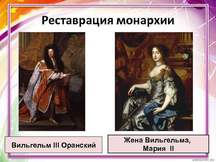 Реставрация монархии Вильгельм III Оранский Жена Вильгельма, Мария II 