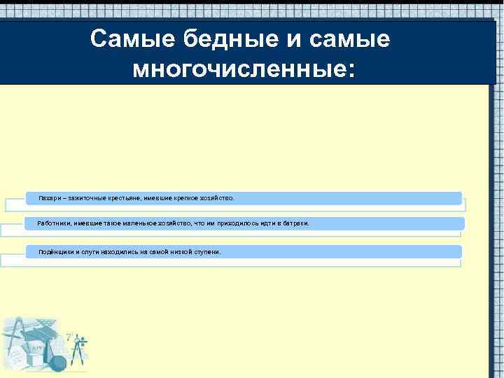 Самые бедные и самые многочисленные: Пахари – зажиточные крестьяне, имевшие крепкое хозяйство. Работники, имевшие