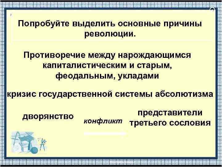 Попробуйте выделить основные причины революции. Противоречие между нарождающимся капиталистическим и старым, феодальным, укладами кризис