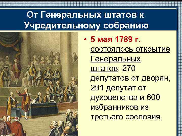 От Генеральных штатов к Учредительному собранию • 5 мая 1789 г. состоялось открытие Генеральных
