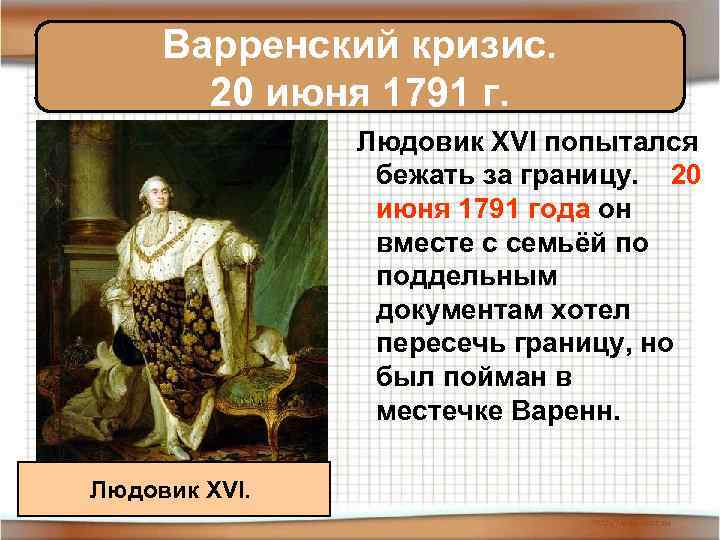 Варренский кризис. 20 июня 1791 г. Людовик XVI попытался бежать за границу. 20 июня