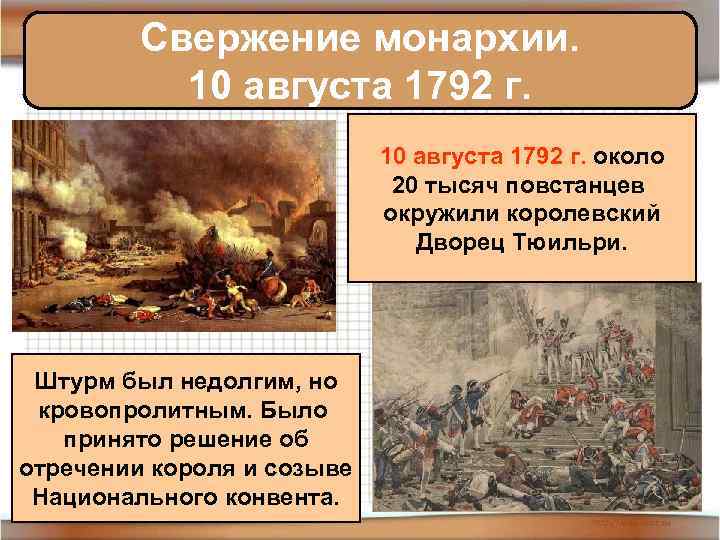 Свержение монархии. 10 августа 1792 г. около 20 тысяч повстанцев окружили королевский Дворец Тюильри.