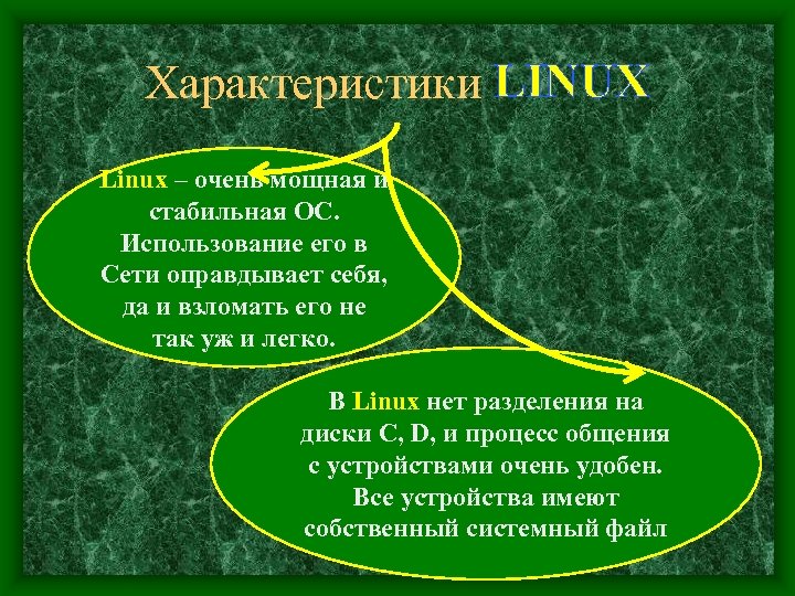 Характеристики LINUX Linux – очень мощная и стабильная ОС. Использование его в Сети оправдывает