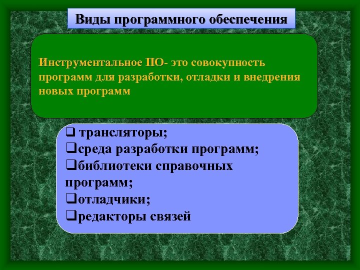 Виды программного обеспечения Инструментальное ПО- это совокупность ПО программ для разработки, отладки и внедрения