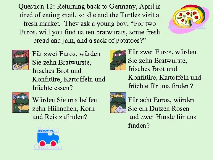 Question 12: Returning back to Germany, April is tired of eating snail, so she