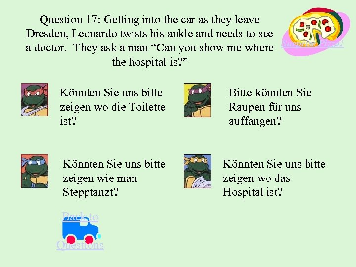 Question 17: Getting into the car as they leave Dresden, Leonardo twists his ankle