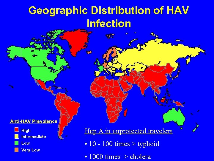 Geographic Distribution of HAV Infection Anti-HAV Prevalence High Intermediate Low Hep A in unprotected