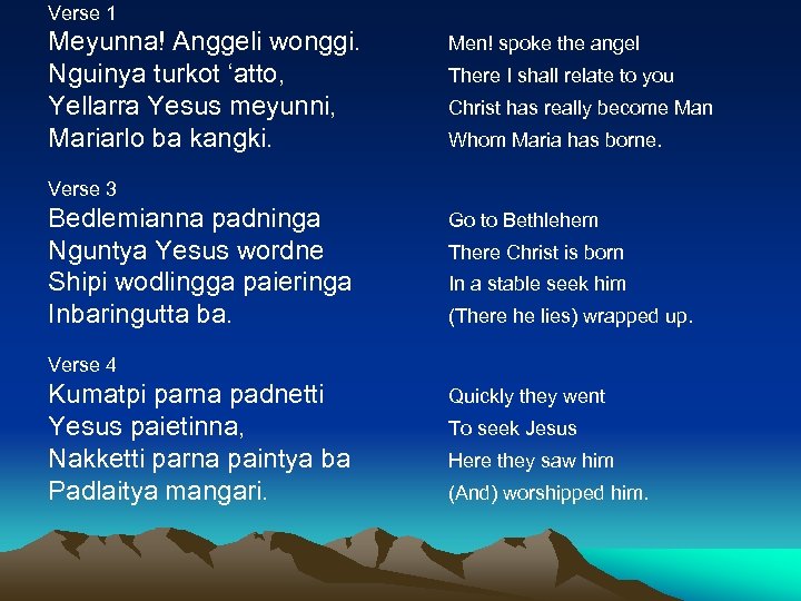 Verse 1 Meyunna! Anggeli wonggi. Nguinya turkot ‘atto, Yellarra Yesus meyunni, Mariarlo ba kangki.