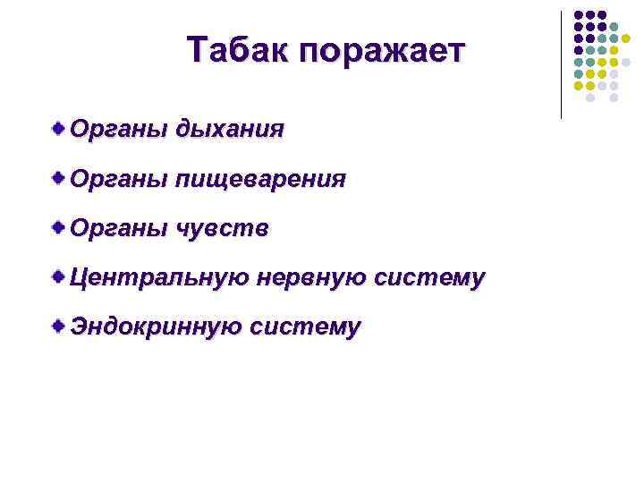 Табак поражает Органы дыхания Органы пищеварения Органы чувств Центральную нервную систему Эндокринную систему 