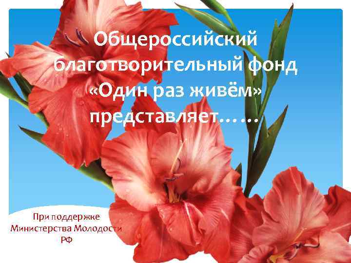 Общероссийский благотворительный фонд «Один раз живём» представляет…… При поддержке Министерства Молодости РФ 