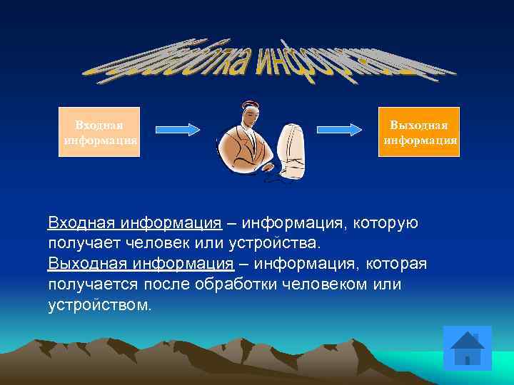 Входная информация Выходная информация Входная информация – информация, которую получает человек или устройства. Выходная