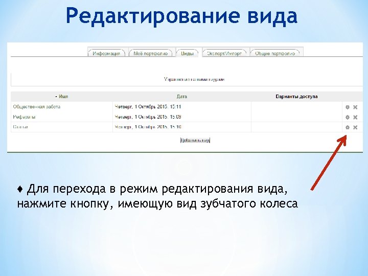 Редактирование вида ♦ Для перехода в режим редактирования вида, нажмите кнопку, имеющую вид зубчатого