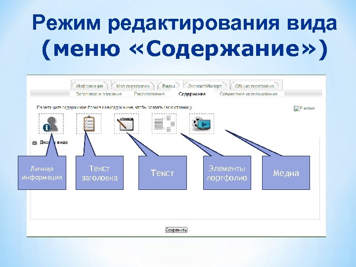 Режим редактирования вида (меню «Содержание» ) Личная информация Текст заголовка Текст Элементы портфолио Медиа