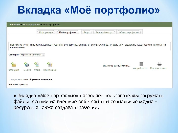 Вкладка «Моё портфолио» ♦ Вкладка «Моё портфолио» позволяет пользователям загружать файлы, ссылки на внешние