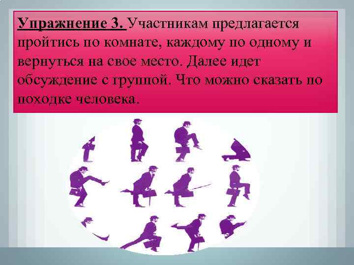 Упражнение 3. Участникам предлагается пройтись по комнате, каждому по одному и вернуться на свое