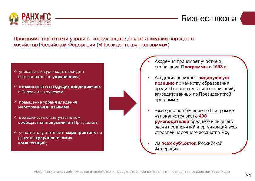  Бизнес-школа Программа подготовки управленческих кадров для организаций народного хозяйства Российской Федерации ( «Президентская