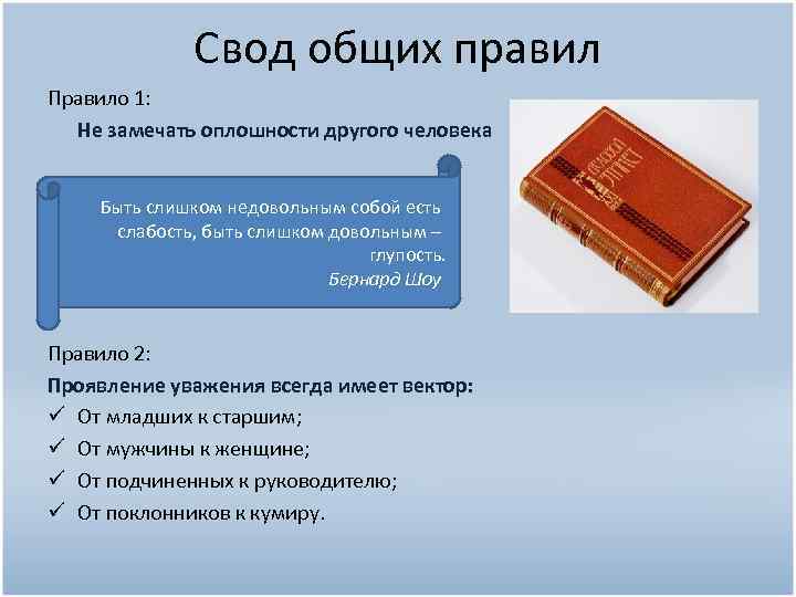 Свод общих правил Правило 1: Не замечать оплошности другого человека Быть слишком недовольным собой