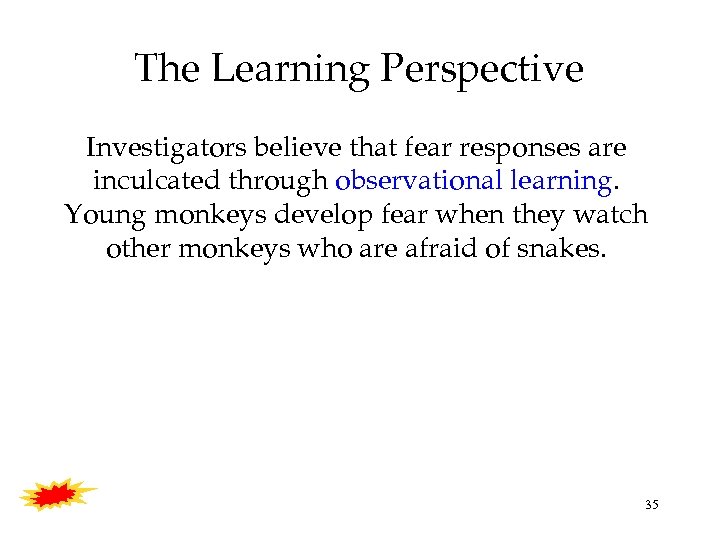 The Learning Perspective Investigators believe that fear responses are inculcated through observational learning. Young