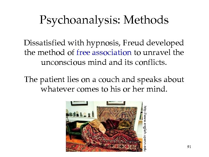 Psychoanalysis: Methods Dissatisfied with hypnosis, Freud developed the method of free association to unravel