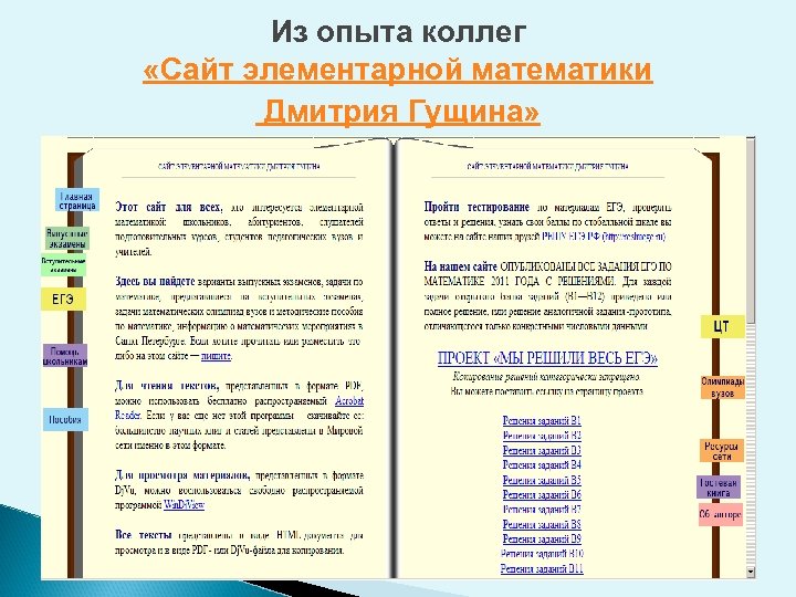 Из опыта коллег «Сайт элементарной математики Дмитрия Гущина» 