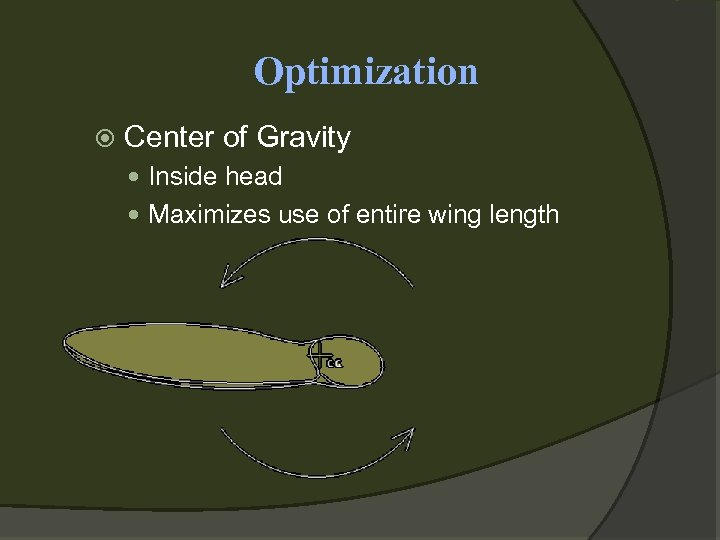 Optimization Center of Gravity Inside head Maximizes use of entire wing length 