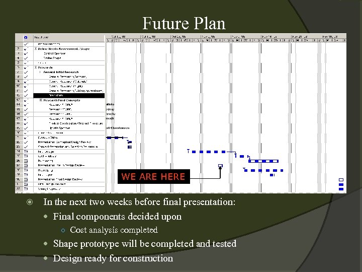 Future Plan WE ARE HERE In the next two weeks before final presentation: Final