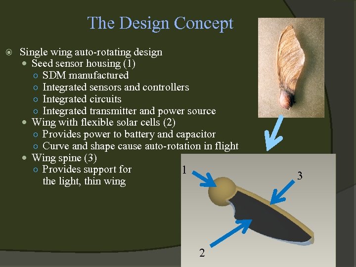 The Design Concept Single wing auto-rotating design Seed sensor housing (1) ○ SDM manufactured