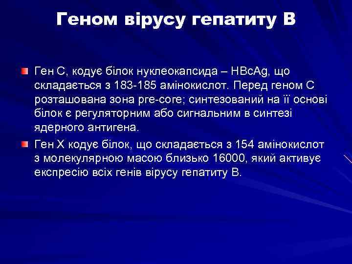 Геном вірусу гепатиту В Ген С, кодує білок нуклеокапсида – HBc. Ag, що складається