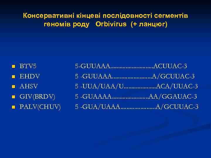 Консервативні кінцеві послідовності сегментів геномів роду Оrbivirus (+ ланцюг) n n n BTV 5