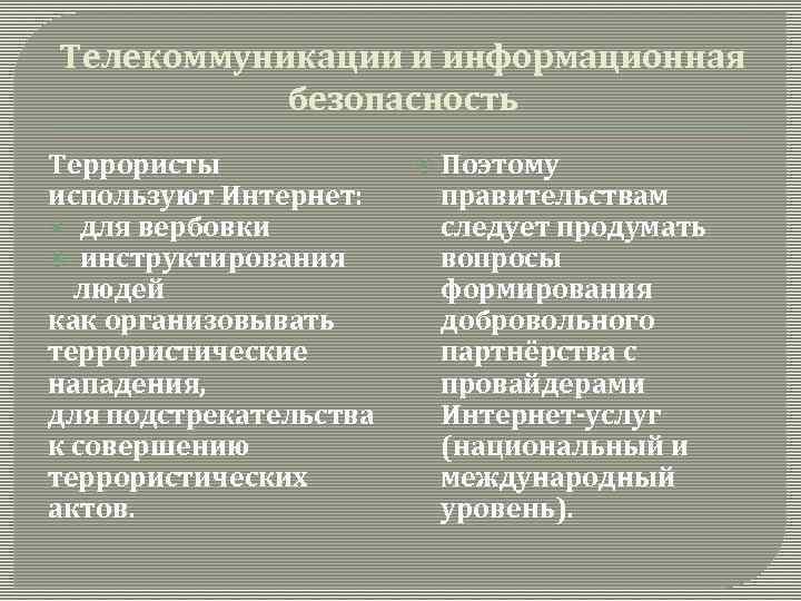Телекоммуникации и информационная безопасность Террористы используют Интернет: для вербовки инструктирования людей как организовывать террористические